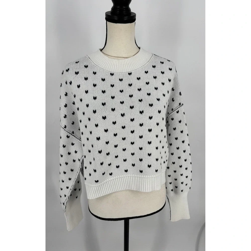 Free People‎ Heart Print Sweater Womens XS White Black Knit Pullover Boho